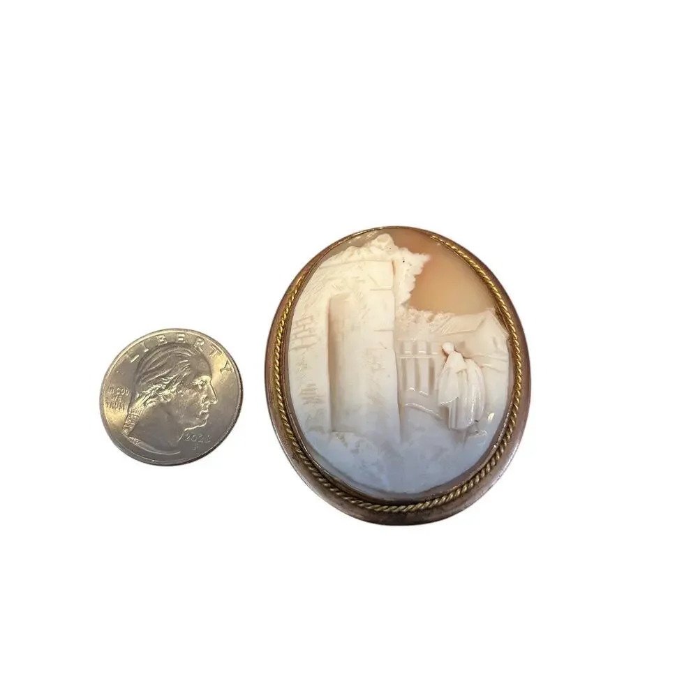 Antique Shell Cameo Brooch: Rebecca at the Well Figural Carving Gold Filled
